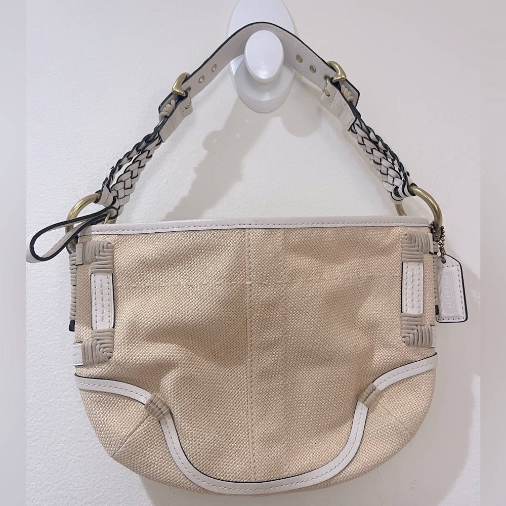 Coach Straw and Leather Hobo Shoulder Bag Tan Raffia and White